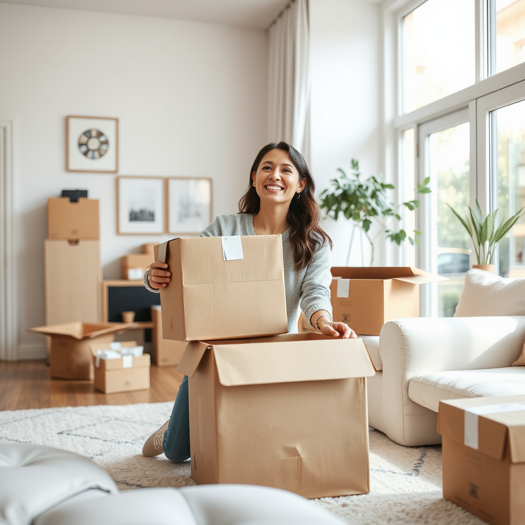 Woman happily organizing boxes in a bright, decluttered living room